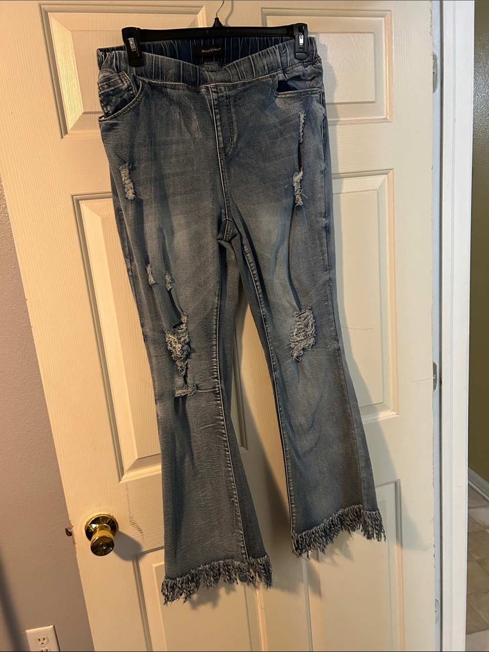 Ashley Stewart Light Blue Distressed Flare Jeans with Frayed Hem